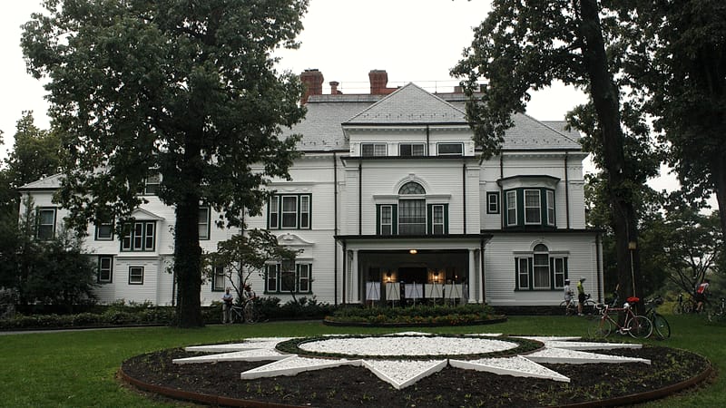 A carved limestone cornice and dentil molding along the top of a stone building against an overcast sky.